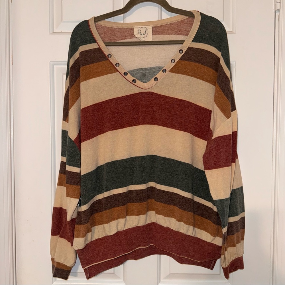 Fantastic Fawn cream red green Striped V-Neck grommet Sweater tee oversized S